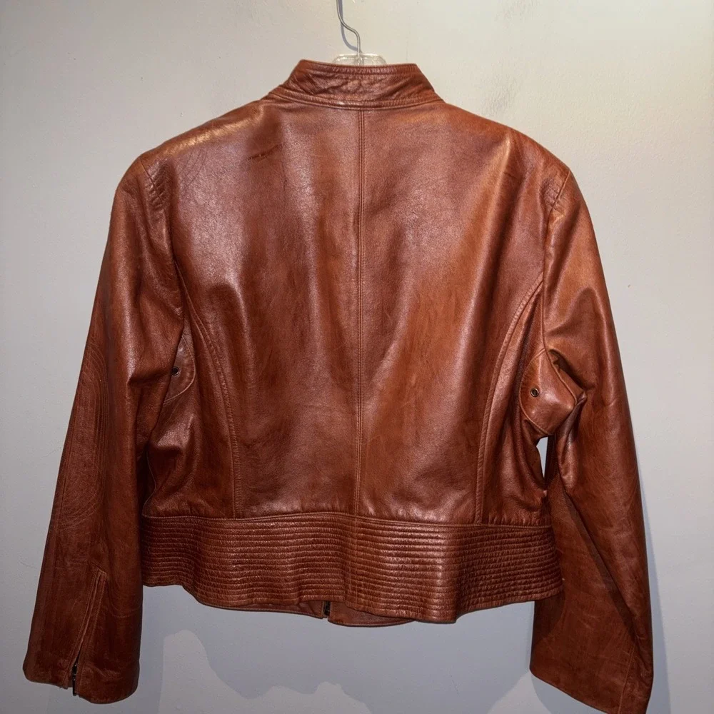 Vintage Terry Lewis Leather Coat Cognac Brown Short Biker Moto Boho Women's Sz L